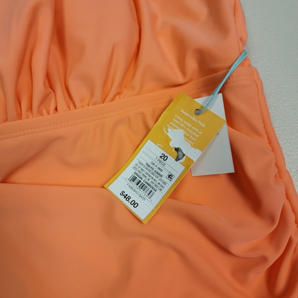 Kona Sol Coral Halter Retro Style Plus Size 20 Ruched One Piece Bathing Suit - Picture 5 of 6